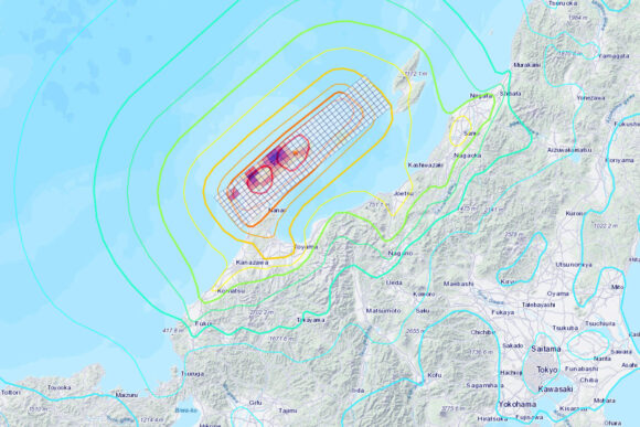 A map of a section of Japan, including the Noto Peninsula, showing two pieces of information: one, the intensity of the January 1st earthquake getting smaller further away from the epicenter found off the coast of the Peninsula, and two, the slip amplitude, which has two intense clusters near the epicenter of 6 meters.