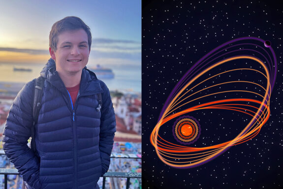 A headshot of Jared Bryan next to an artistic representation a planet undergoing three phases of migration, caused by the pulsating pattern of its host star.